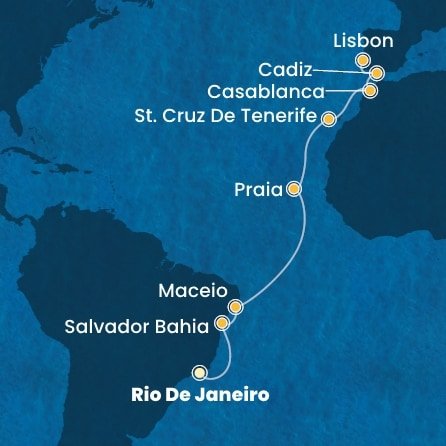 Brazília, Kapverdy, Španielsko, Maroko, Portugalsko z Rio de Janeira na lodi Costa Diadema