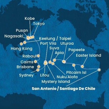 Chile, Zámořské území Velké Británie, Francouzská Polynésie, Francúzsko, Samoa, Tonga, Fiji, Vanuatu, Nová Kaledonie, Austrália, Papua Nová Guinea, Japonsko, Južná Kórea, Tchaj-wan, Čína ze San Antonio na lodi Costa Deliziosa