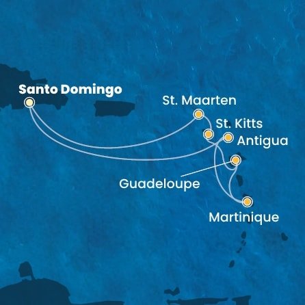 Dominikánska republika, Antigua a Barbuda, Martinik, Guadeloupe, Svätý Krištof a Nevis, Svatý Martin zo Santa Dominga na lodi Costa Favolosa