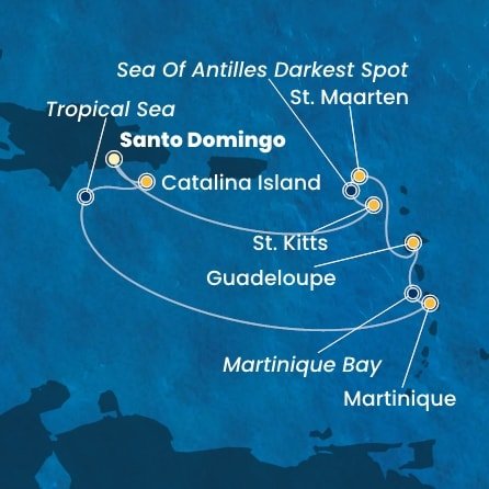 Dominikánska republika, Martinik, Guadeloupe, Svatý Martin, Svätý Krištof a Nevis zo Santa Dominga na lodi Costa Fascinosa