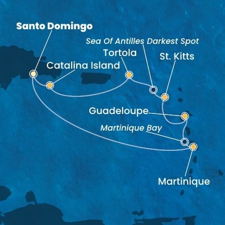 Dominikánska republika, Martinik, Guadeloupe, Svätý Krištof a Nevis, Britské Panenské ostrovy zo Santa Dominga na lodi Costa Favolosa