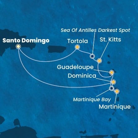 Dominikánska republika, Dominika, Martinik, Guadeloupe, Svätý Krištof a Nevis, Britské Panenské ostrovy zo Santa Dominga na lodi Costa Favolosa