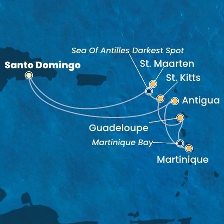 Dominikánska republika, Antigua a Barbuda, Martinik, Guadeloupe, Svätý Krištof a Nevis, Svatý Martin zo Santa Dominga na lodi Costa Favolosa