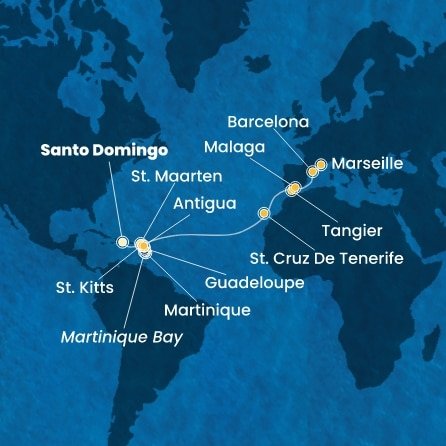 Dominikánska republika, Svatý Martin, Martinik, Guadeloupe, Svätý Krištof a Nevis, Antigua a Barbuda, Španielsko, Maroko, Francúzsko zo Santa Dominga na lodi Costa Favolosa