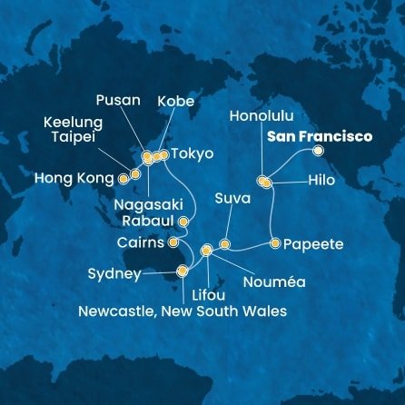 USA, Francouzská Polynésie, Fiji, Nová Kaledonie, Austrália, Papua Nová Guinea, Japonsko, Južná Kórea, Tchaj-wan, Čína zo San Francisca na lodi Costa Deliziosa