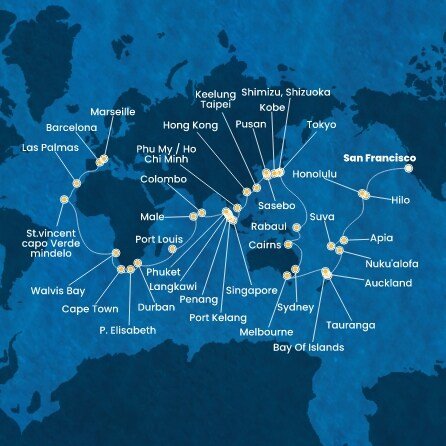 USA, Samoa, Fiji, Tonga, Nový Zéland, Austrália, Papua Nová Guinea, Japonsko, Južná Kórea, Tchaj-wan, Čína, Vietnam, Singapur, Malajzia, Thajsko, Srí Lanka, Maledivy, Maurícius, Juhoafrická republika, Namíbia, Kapverdy, Španielsko, Francúzsko zo San Francisca na lodi Costa Deliziosa