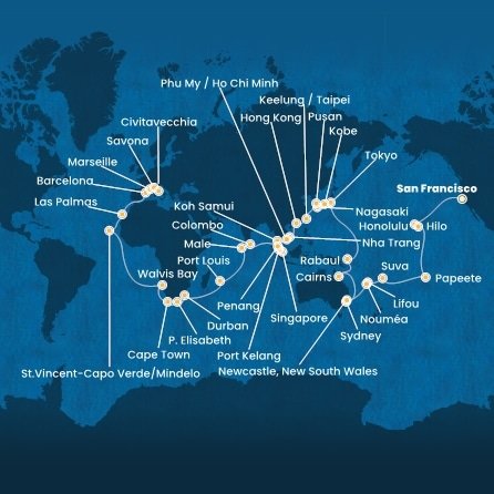 USA, Francouzská Polynésie, Fiji, Nová Kaledonie, Austrália, Papua Nová Guinea, Japonsko, Južná Kórea, Tchaj-wan, Čína, Vietnam, Thajsko, Singapur, Malajzia, Srí Lanka, Maledivy, Maurícius, Juhoafrická republika, Namíbia, Kapverdy, Španielsko, Francúzsko, Taliansko zo San Francisca na lodi Costa Deliziosa