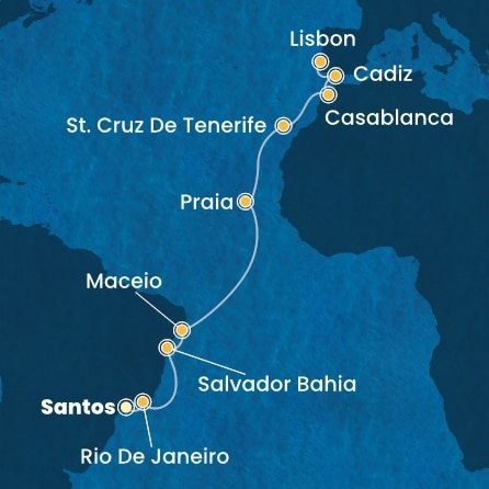 Brazília, Kapverdy, Španielsko, Maroko, Portugalsko zo Santosu na lodi Costa Diadema