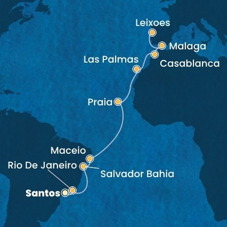 Brazília, Kapverdy, Španielsko, Maroko, Portugalsko zo Santosu na lodi Costa Diadema