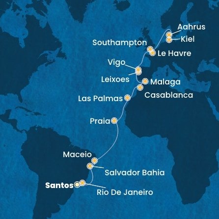 Brazília, Kapverdy, Španielsko, Maroko, Portugalsko, Francie, Veľká Británia, Dánsko, Nemecko zo Santosu na lodi Costa Diadema