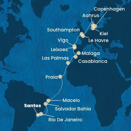 Brazília, Kapverdy, Španielsko, Maroko, Portugalsko, Francie, Veľká Británia, Dánsko, Nemecko zo Santosu na lodi Costa Diadema