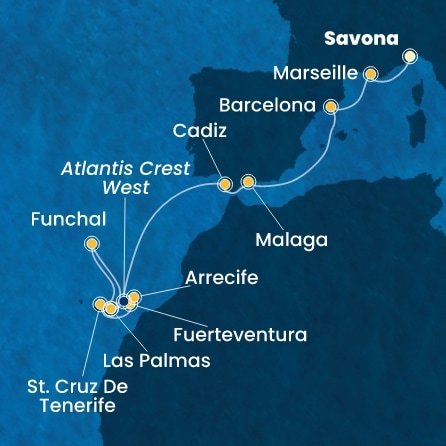 Taliansko, Francúzsko, Španielsko, Portugalsko, z Lanzarote ze Savony na lodi Costa Smeralda