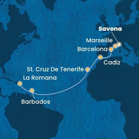 Taliansko, Francúzsko, Španielsko, Barbados, Dominikánska republika ze Savony na lodi Costa Pacifica