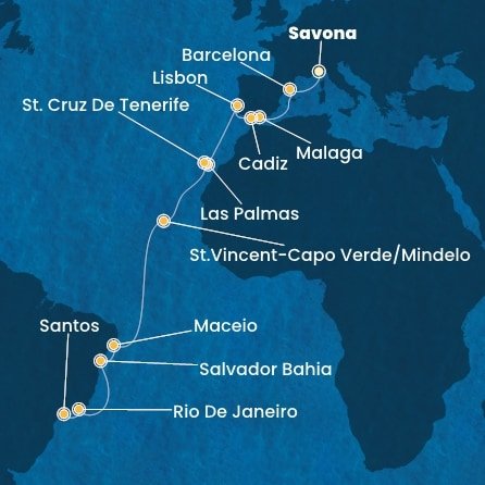 Taliansko, Španielsko, Portugalsko, Kapverdy, Brazília ze Savony na lodi Costa Diadema