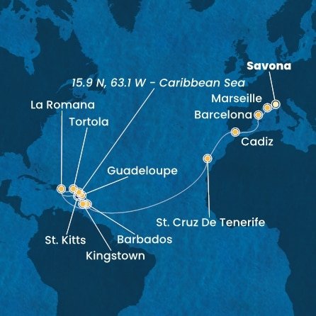 Taliansko, Francúzsko, Španielsko, Barbados, Dominikánska republika, Svätý Vincent a Grenadiny, Guadeloupe, Svätý Krištof a Nevis, Britské Panenské ostrovy ze Savony na lodi Costa Pacifica