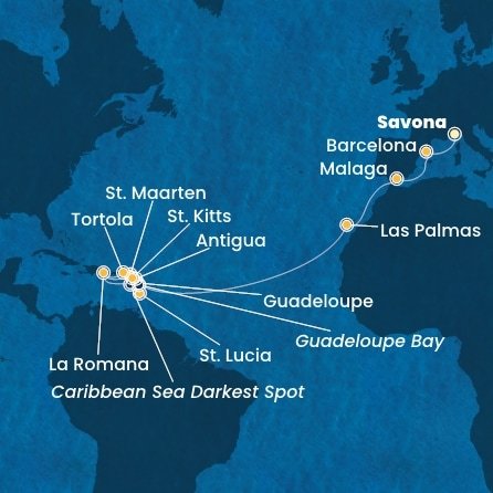 Taliansko, Španielsko, Guadeloupe, Svatý Martin, Dominikánska republika, Svätá Lucia, Antigua a Barbuda, Svätý Krištof a Nevis, Britské Panenské ostrovy ze Savony na lodi Costa Fascinosa