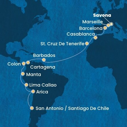Taliansko, Francúzsko, Španielsko, Maroko, Barbados, Kolumbia, Panama, Ekvádor, Peru, Chile ze Savony na lodi Costa Deliziosa