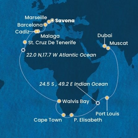 Taliansko, Francúzsko, Španielsko, Namíbia, Juhoafrická republika, Maurícius, Omán, Spojené arabské emiráty ze Savony na lodi Costa Smeralda
