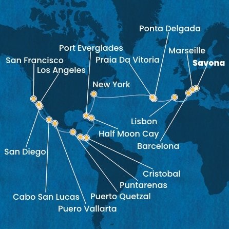 Taliansko, Francúzsko, Španielsko, Portugalsko, z Praia da Vitória, USA, Bahamy, Panama, Kostarika, Guatemala, Mexiko ze Savony na lodi Costa Deliziosa