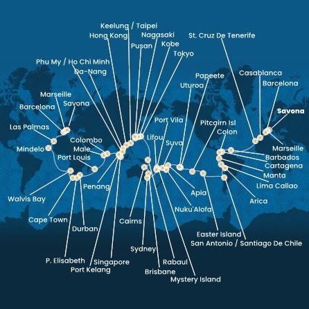 Taliansko, Francúzsko, Španielsko, Maroko, Barbados, Kolumbia, Panama, Ekvádor, Peru, Chile, Zámořské území Velké Británie, Francouzská Polynésie, Samoa, Tonga, Fiji, Vanuatu, Nová Kaledonie, Austrália, Papua Nová Guinea, Japonsko, Južná Kórea, Tchaj-wan, Čína, Vietnam, Singapur, Malajzia, Srí Lanka, Maledivy, Maurícius, Juhoafrická republika, Namíbia, Kapverdy ze Savony na lodi Costa Deliziosa