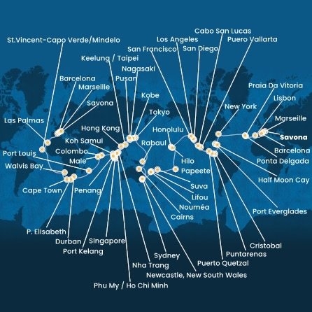 Taliansko, Francúzsko, Španielsko, Portugalsko, z Praia da Vitória, USA, Bahamy, Panama, Kostarika, Guatemala, Mexiko, Francouzská Polynésie, Fiji, Nová Kaledonie, Austrália, Papua Nová Guinea, Japonsko, Južná Kórea, Tchaj-wan, Čína, Vietnam, Thajsko, Singapur, Malajzia, Srí Lanka, Maledivy, Maurícius, Juhoafrická republika, Namíbia, Kapverdy ze Savony na lodi Costa Deliziosa