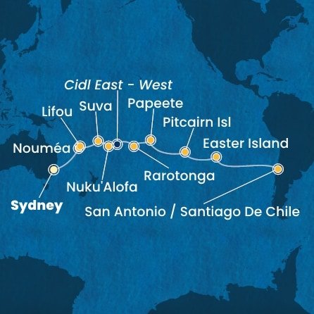 Austrália, Nová Kaledonie, Fiji, Tonga, , Cookovy ostrovy, Francouzská Polynésie, Zámořské území Velké Británie, Chile ze Sydney na lodi Costa Serena