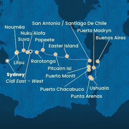 Austrália, Nová Kaledonie, Fiji, Tonga, , Cookovy ostrovy, Francouzská Polynésie, Zámořské území Velké Británie, Chile, Argentína ze Sydney na lodi Costa Serena