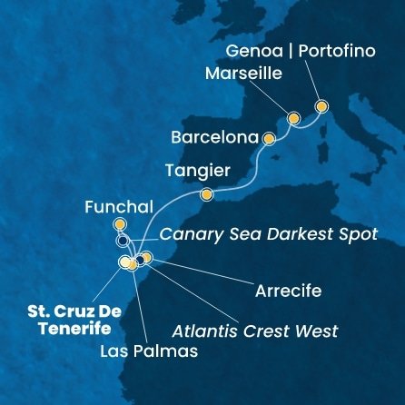 Španielsko, z Lanzarote, Portugalsko, Maroko, Francúzsko, Taliansko z Tenerife na lodi Costa Smeralda