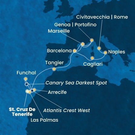 Španielsko, z Lanzarote, Portugalsko, Maroko, Francúzsko, Taliansko z Tenerife na lodi Costa Smeralda