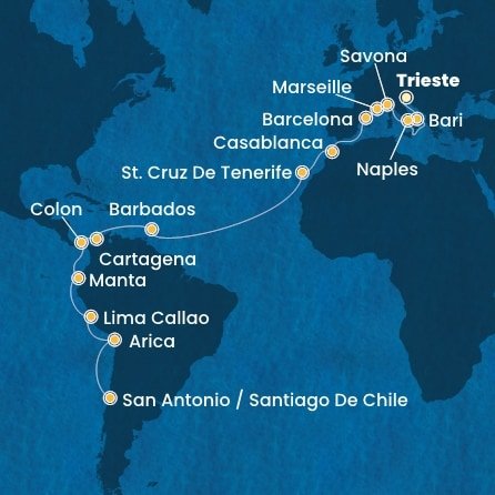 Taliansko, Francúzsko, Španielsko, Maroko, Barbados, Kolumbia, Panama, Ekvádor, Peru, Chile z Trieste na lodi Costa Deliziosa
