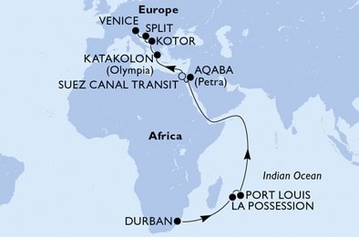 Juhoafrická republika, Reunion, Maurícius, Jordánsko, Egypt, Grécko, Čierna Hora, Chorvátsko, Taliansko z Durbanu na lodi MSC Orchestra