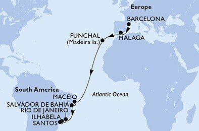 Španielsko, Portugalsko, Brazília z Barcelony na lodi MSC Grandiosa