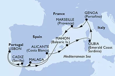 Portugalsko, Španielsko, Taliansko, Francúzsko z Lisabonu na lodi MSC Orchestra