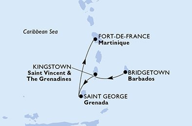 Barbados, Svätý Vincent a Grenadiny, Grenada, Martinik z Bridgetownu na lodi MSC Seaside