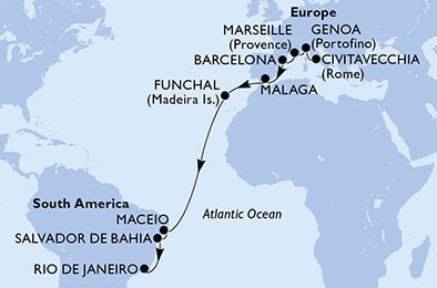 Taliansko, Francúzsko, Španielsko, Portugalsko, Brazília z Civitavechie na lodi MSC Grandiosa