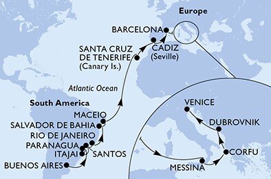 Argentína, Brazília, Španielsko, Taliansko, Grécko, Chorvátsko z Buenos Aires na lodi MSC Lirica