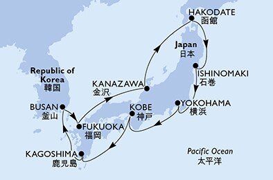 Japonsko, Južná Kórea z Kobe na lodi MSC Bellissima
