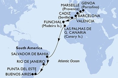 Taliansko, Francúzsko, Španielsko, Portugalsko, Brazília, Uruguaj, Argentína z Janova na lodi MSC Musica