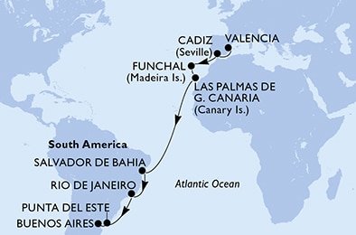 Španielsko, Portugalsko, Brazília, Uruguaj, Argentína z Valencie na lodi MSC Musica
