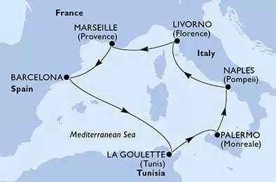 Španielsko, Tunisko, Taliansko, Francúzsko z Barcelony na lodi MSC Seaside