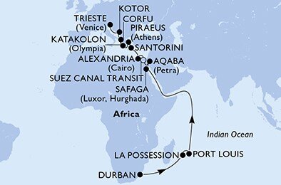 Juhoafrická republika, Reunion, Maurícius, Egypt, Jordánsko, Grécko, Čierna Hora, Taliansko z Durbanu na lodi MSC Fantasia