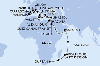 Francúzsko, Španielsko, Taliansko, Malta, Grécko, Cyprus, Egypt, Jordánsko, Omán, Maurícius, Reunion, Juhoafrická republika z Marseille na lodi MSC Fantasia