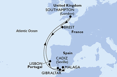 Veľká Británia, Francie, Portugalsko, Gibraltár, Španielsko zo Southamptonu na lodi MSC Virtuosa