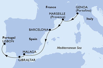Taliansko, Francúzsko, Španielsko, Gibraltár, Portugalsko z Janova na lodi MSC Musica