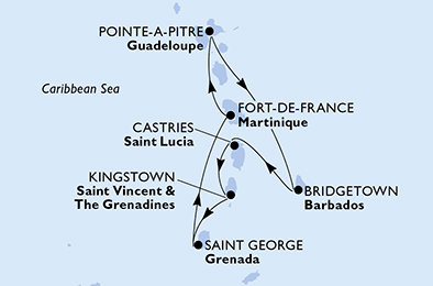 Martinik, Guadeloupe, Barbados, Svätá Lucia, Svätý Vincent a Grenadiny, Grenada z Fort de France na lodi MSC Virtuosa