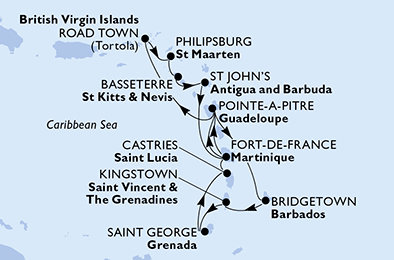 Martinik, Guadeloupe, Britské Panenské ostrovy, Svatý Martin, Svätý Krištof a Nevis, Antigua a Barbuda, Barbados, Svätý Vincent a Grenadiny, Grenada, Svätá Lucia z Fort de France na lodi MSC Virtuosa Martinik, Guadeloupe, Britské Panenské ostrovy, Svatý Martin, Svätý Krištof a Nevis, Antigua a Barbuda, Barbados, Svätý Vincent a Grenadiny, Grenada, Svätá Lucia z Fort de France na lodi MSC Virtuosa
