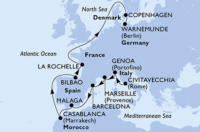 Taliansko, Francúzsko, Španielsko, Maroko, Dánsko, Nemecko z Civitavechie na lodi MSC Magnifica