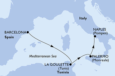 Španielsko, Tunisko, Taliansko z Barcelony na lodi MSC Meraviglia