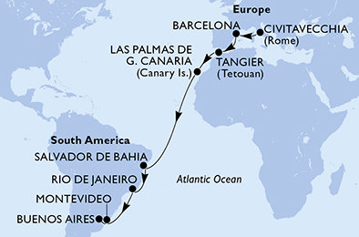 Taliansko, Španielsko, Maroko, Brazília, Uruguaj, Argentína z Civitavechie na lodi MSC Fantasia