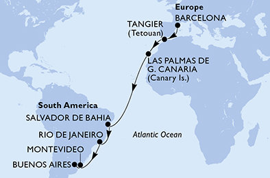 Španielsko, Maroko, Brazília, Uruguaj, Argentína z Barcelony na lodi MSC Fantasia